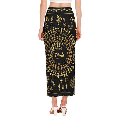 Black And Gold Warli Tribal Print Side Slit Maxi Skirt