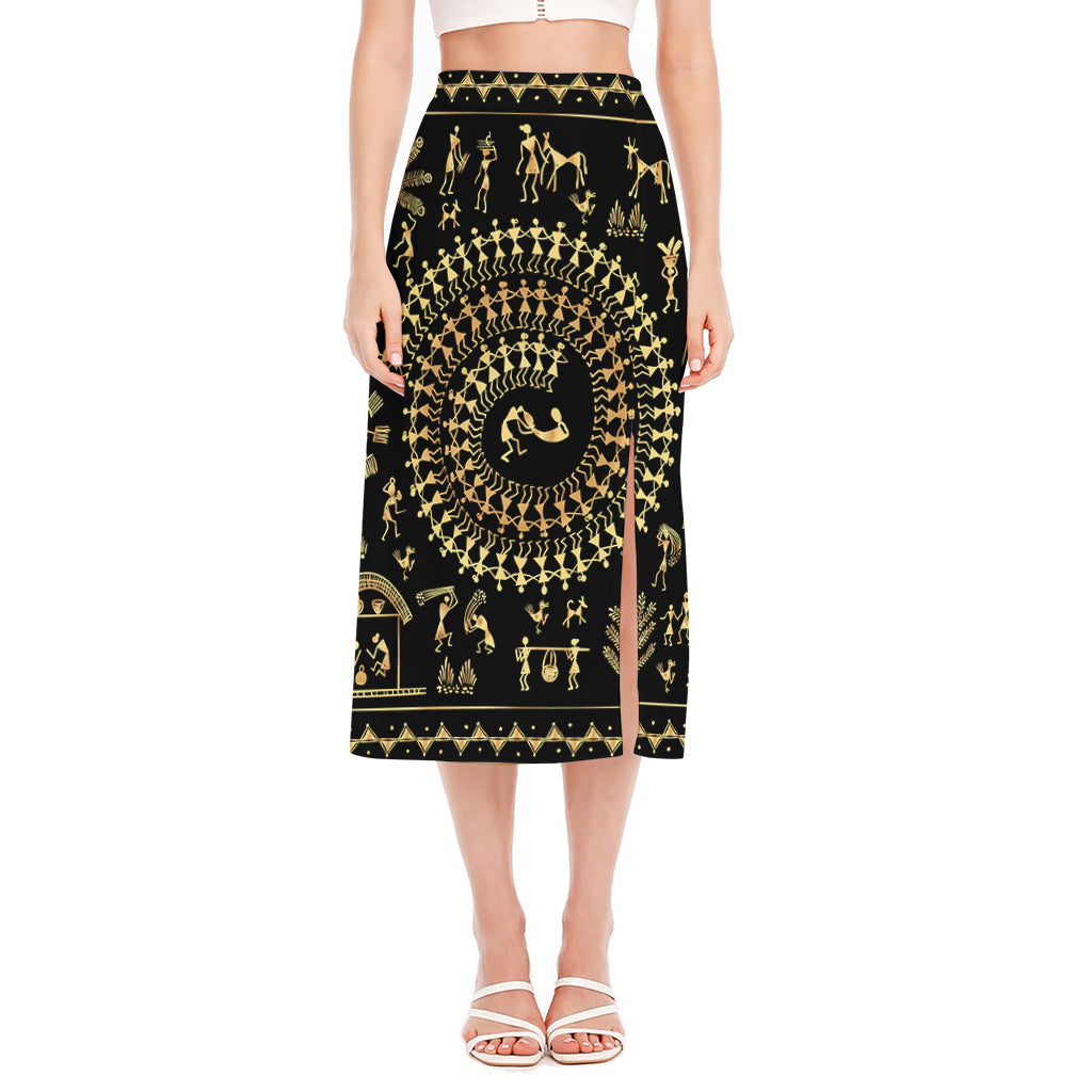Black And Gold Warli Tribal Print Side Slit Midi Skirt