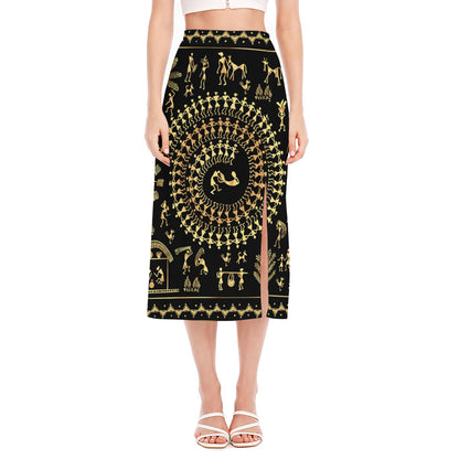 Black And Gold Warli Tribal Print Side Slit Midi Skirt