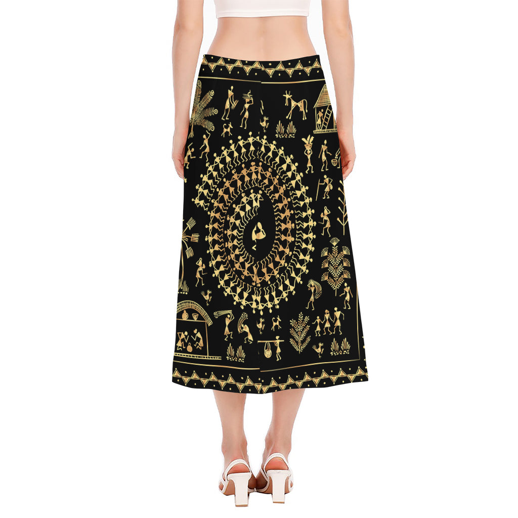 Black And Gold Warli Tribal Print Side Slit Midi Skirt