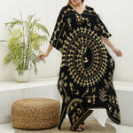 Black And Gold Warli Tribal Print Silk V-Neck Kaftan Dress