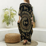 Black And Gold Warli Tribal Print Silk V-Neck Kaftan Dress