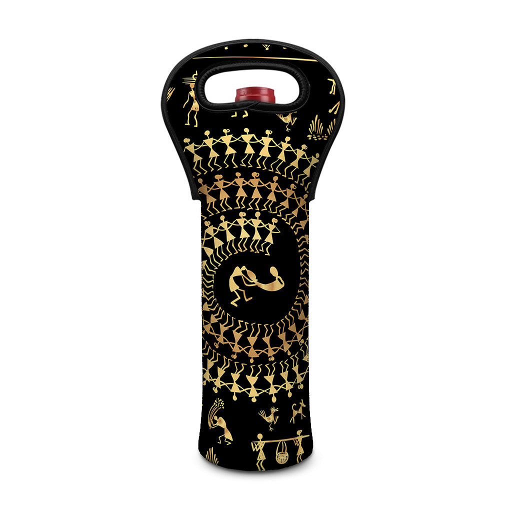 Black And Gold Warli Tribal Print Single Neoprene Wine Tote