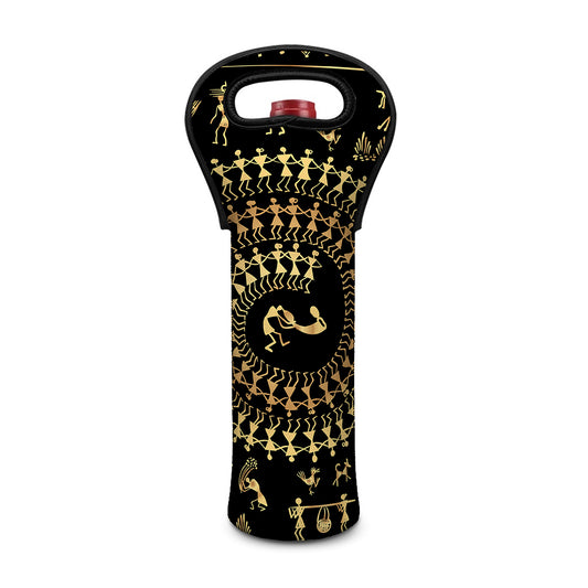 Black And Gold Warli Tribal Print Single Neoprene Wine Tote