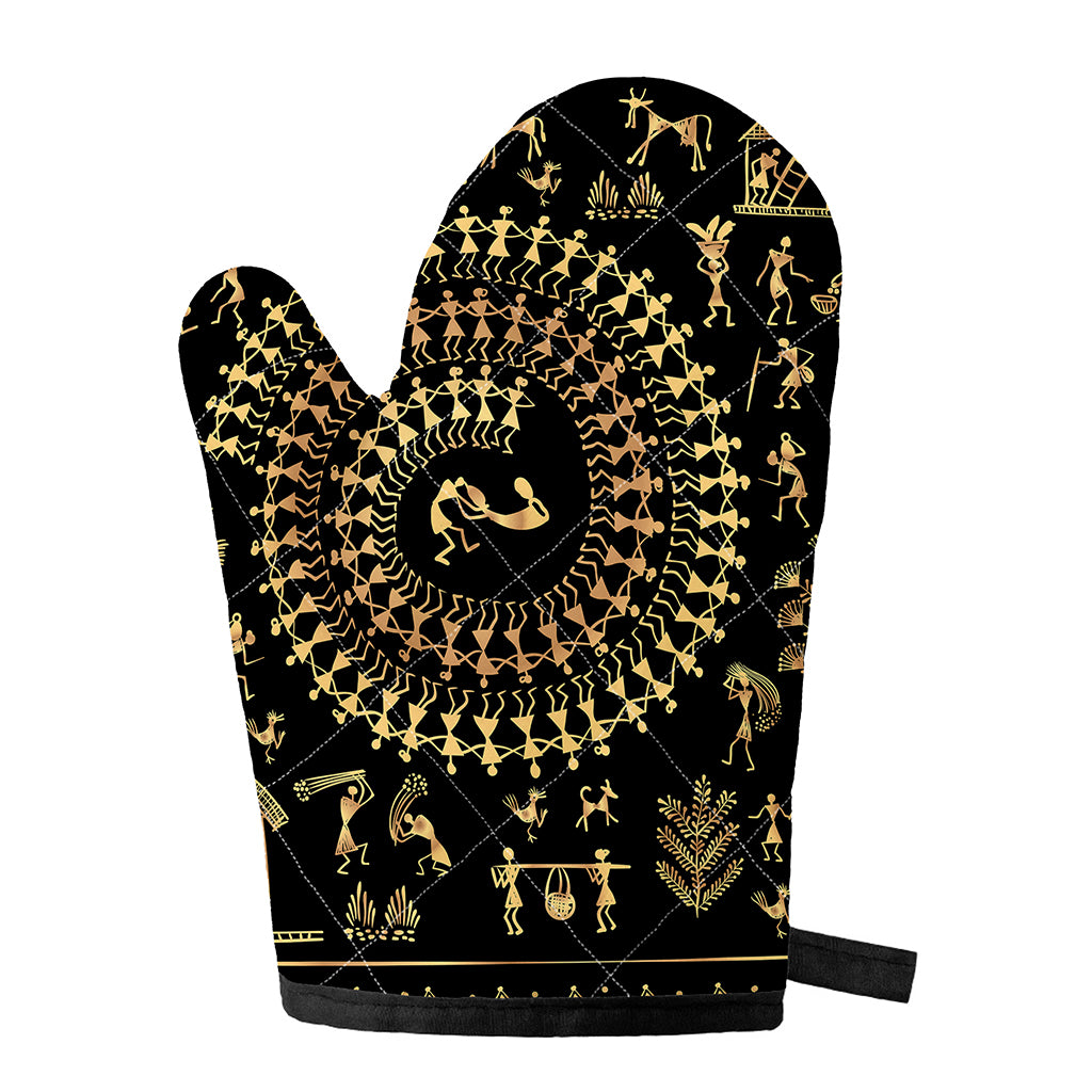 Black And Gold Warli Tribal Print Single Oven Mitt