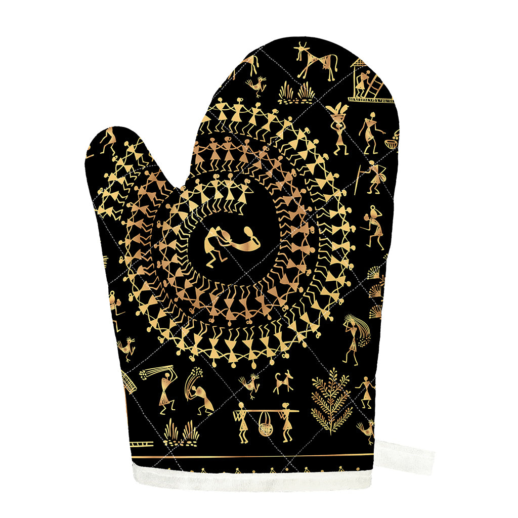 Black And Gold Warli Tribal Print Single Oven Mitt