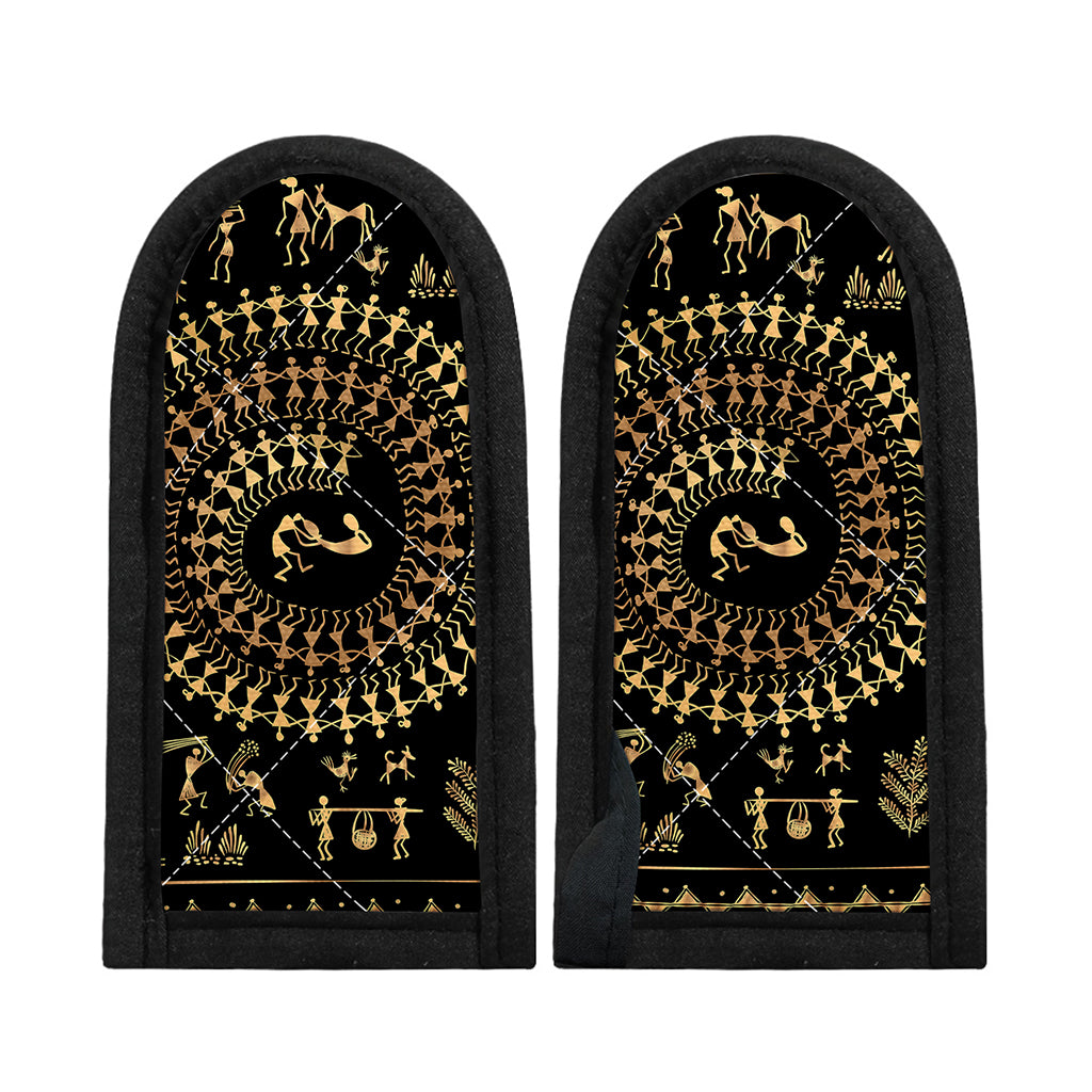 Black And Gold Warli Tribal Print Skillet Handle Cover