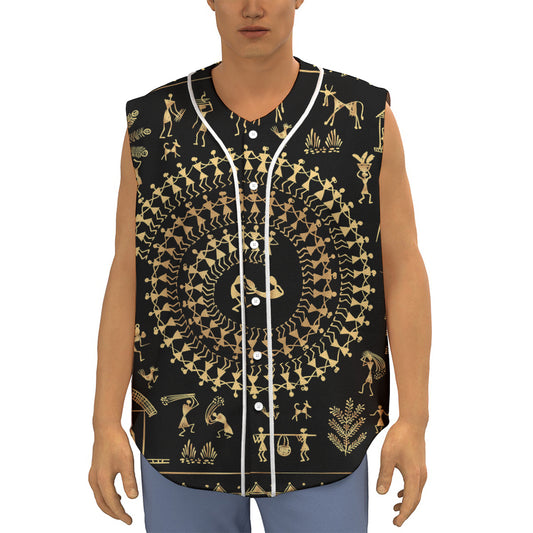 Black And Gold Warli Tribal Print Sleeveless Baseball Jersey