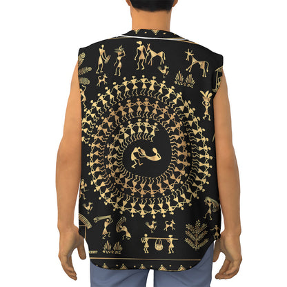 Black And Gold Warli Tribal Print Sleeveless Baseball Jersey