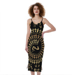 Black And Gold Warli Tribal Print Slim Fit Midi Cami Dress