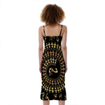 Black And Gold Warli Tribal Print Slim Fit Midi Cami Dress