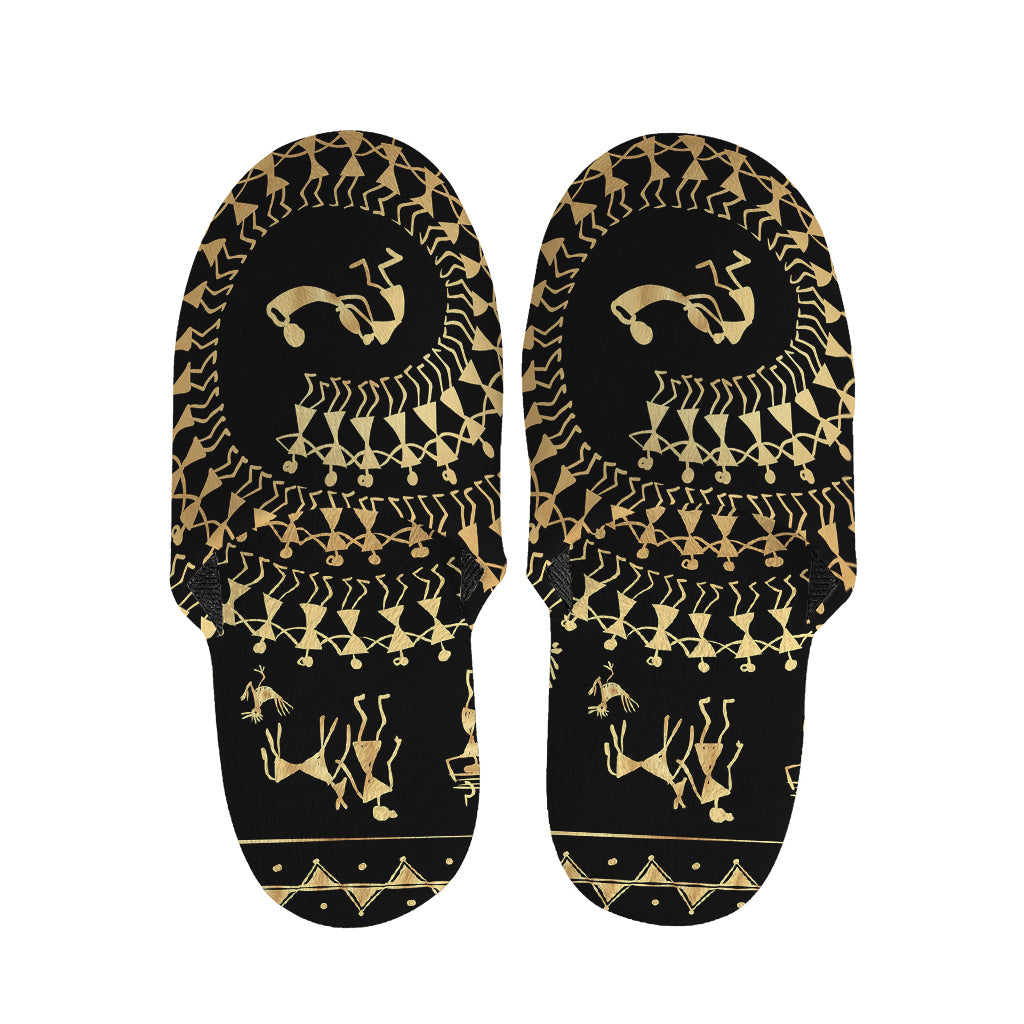 Black And Gold Warli Tribal Print Slippers
