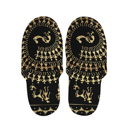 Black And Gold Warli Tribal Print Slippers