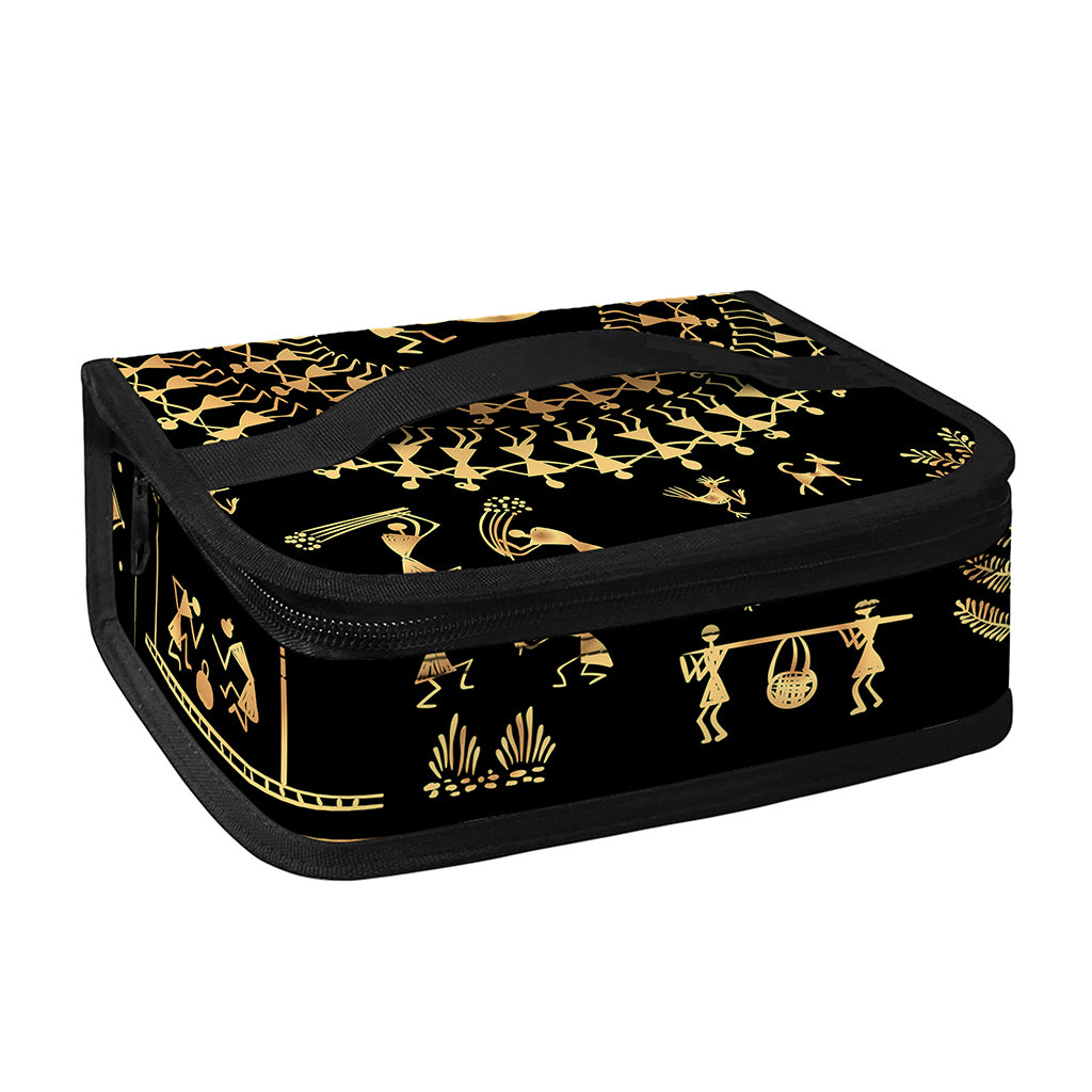 Black And Gold Warli Tribal Print Small Lunch Bag