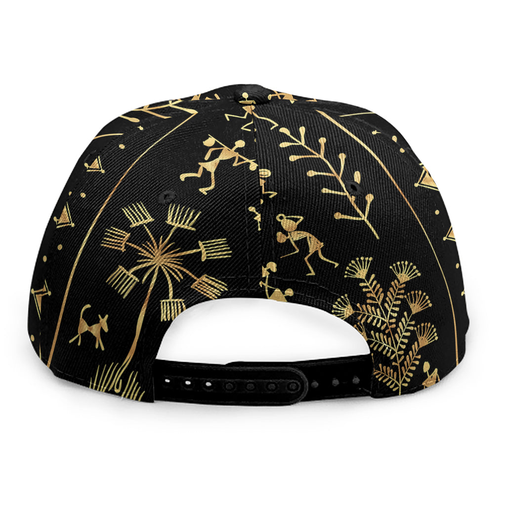 Black And Gold Warli Tribal Print Snapback Cap