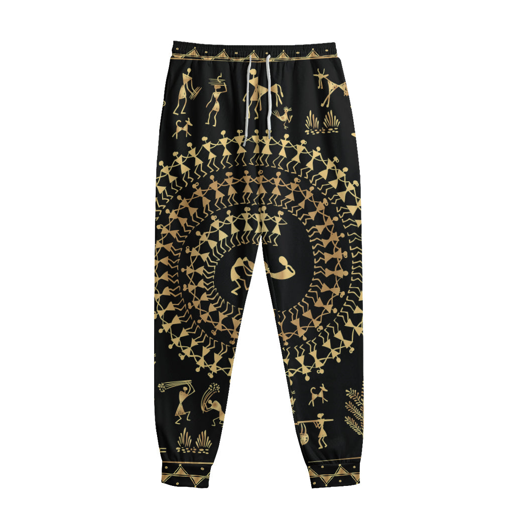 Black And Gold Warli Tribal Print Sweatpants