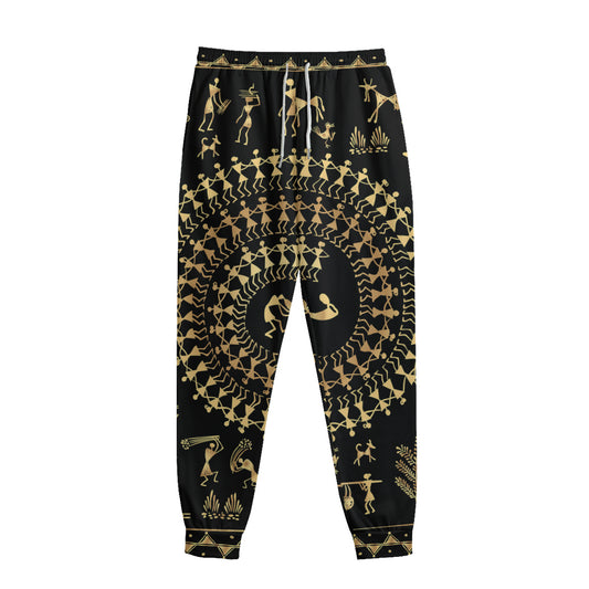 Black And Gold Warli Tribal Print Sweatpants