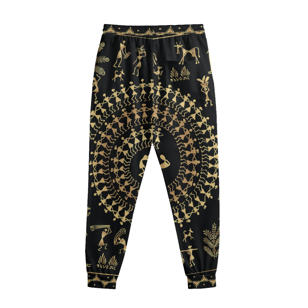 Black And Gold Warli Tribal Print Sweatpants