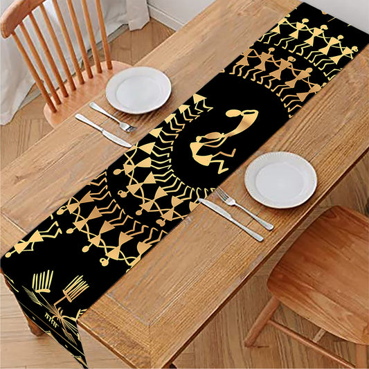 Black And Gold Warli Tribal Print Table Runner