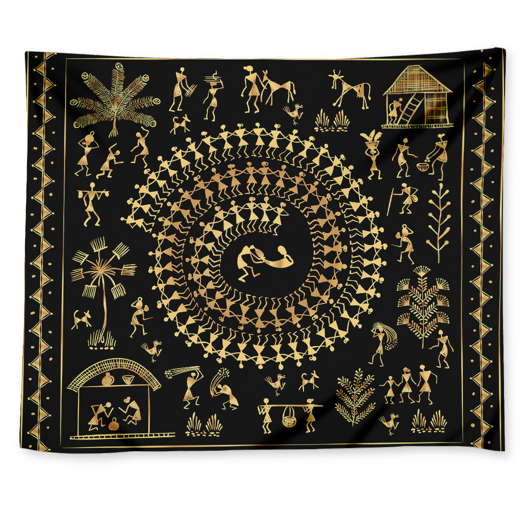 Black And Gold Warli Tribal Print Tapestry