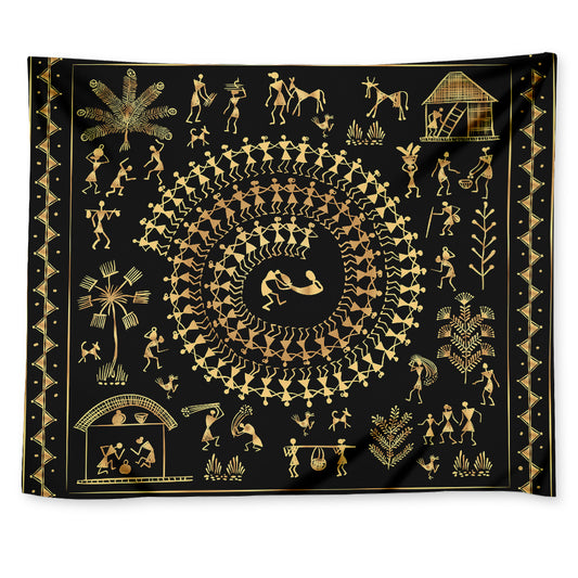 Black And Gold Warli Tribal Print Tapestry