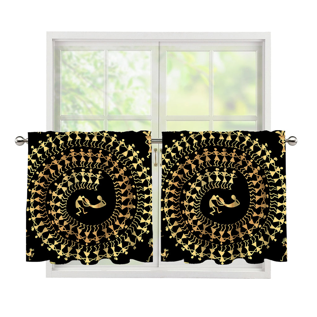 Black And Gold Warli Tribal Print Tier Curtains
