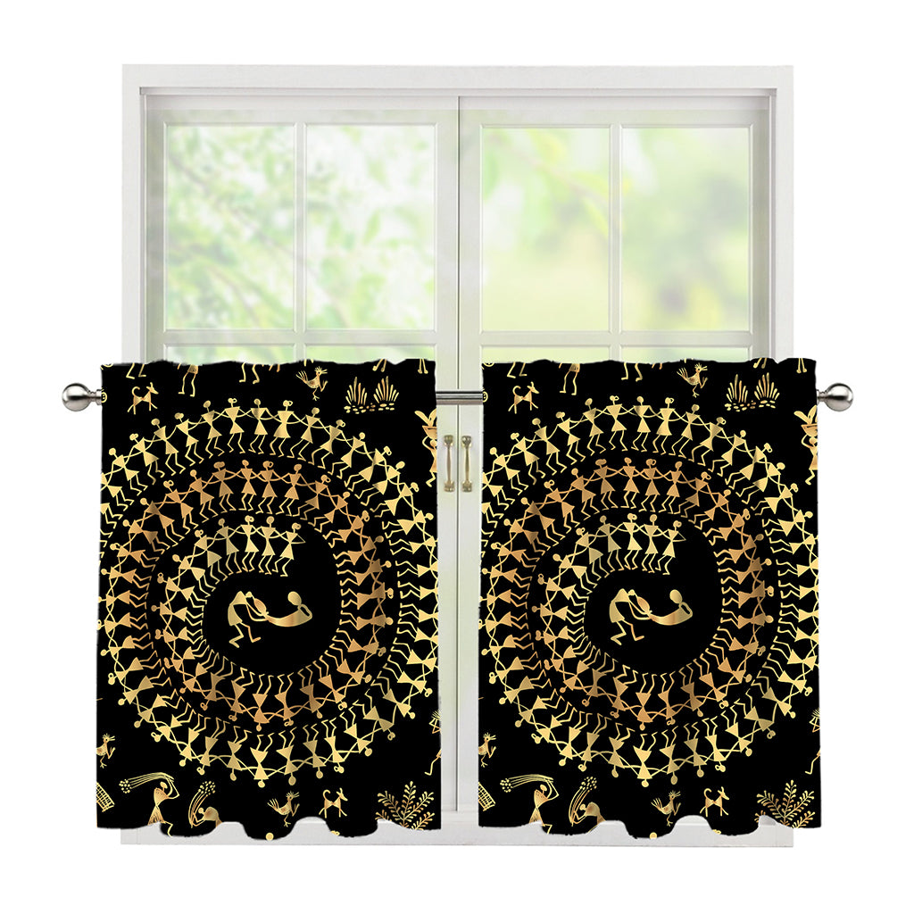 Black And Gold Warli Tribal Print Tier Curtains