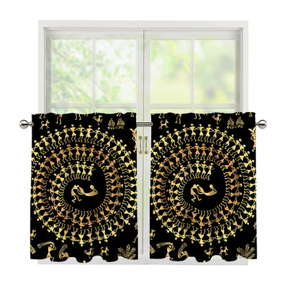 Black And Gold Warli Tribal Print Tier Curtains