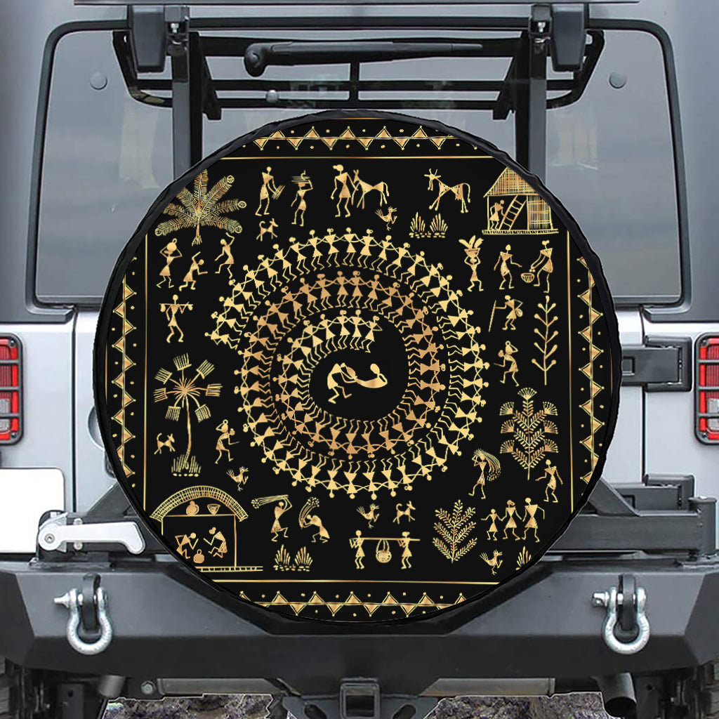 Black And Gold Warli Tribal Print Tire Cover