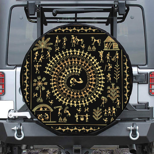 Black And Gold Warli Tribal Print Tire Cover