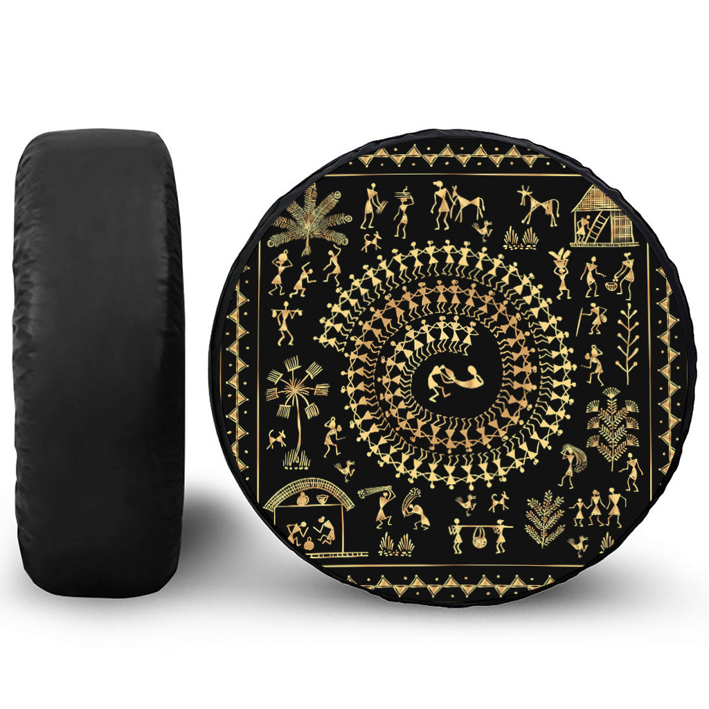 Black And Gold Warli Tribal Print Tire Cover