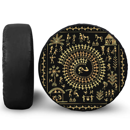 Black And Gold Warli Tribal Print Tire Cover