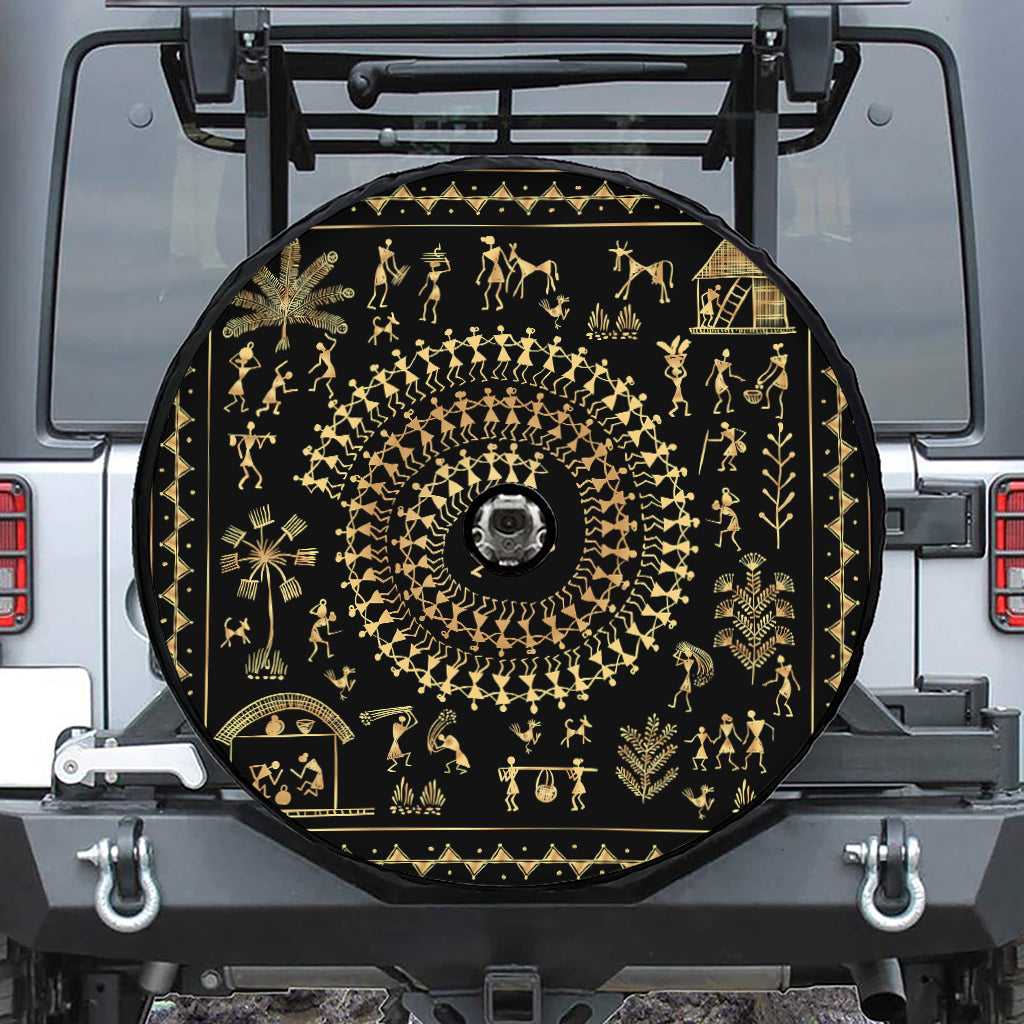 Black And Gold Warli Tribal Print Tire Cover With Camera Hole