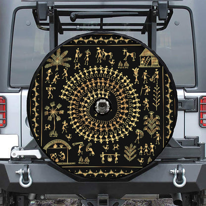 Black And Gold Warli Tribal Print Tire Cover With Camera Hole