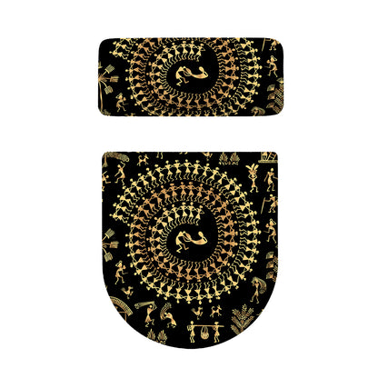 Black And Gold Warli Tribal Print Toilet Lid And Tank Cover Set