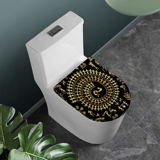 Black And Gold Warli Tribal Print Toilet Lid Cover