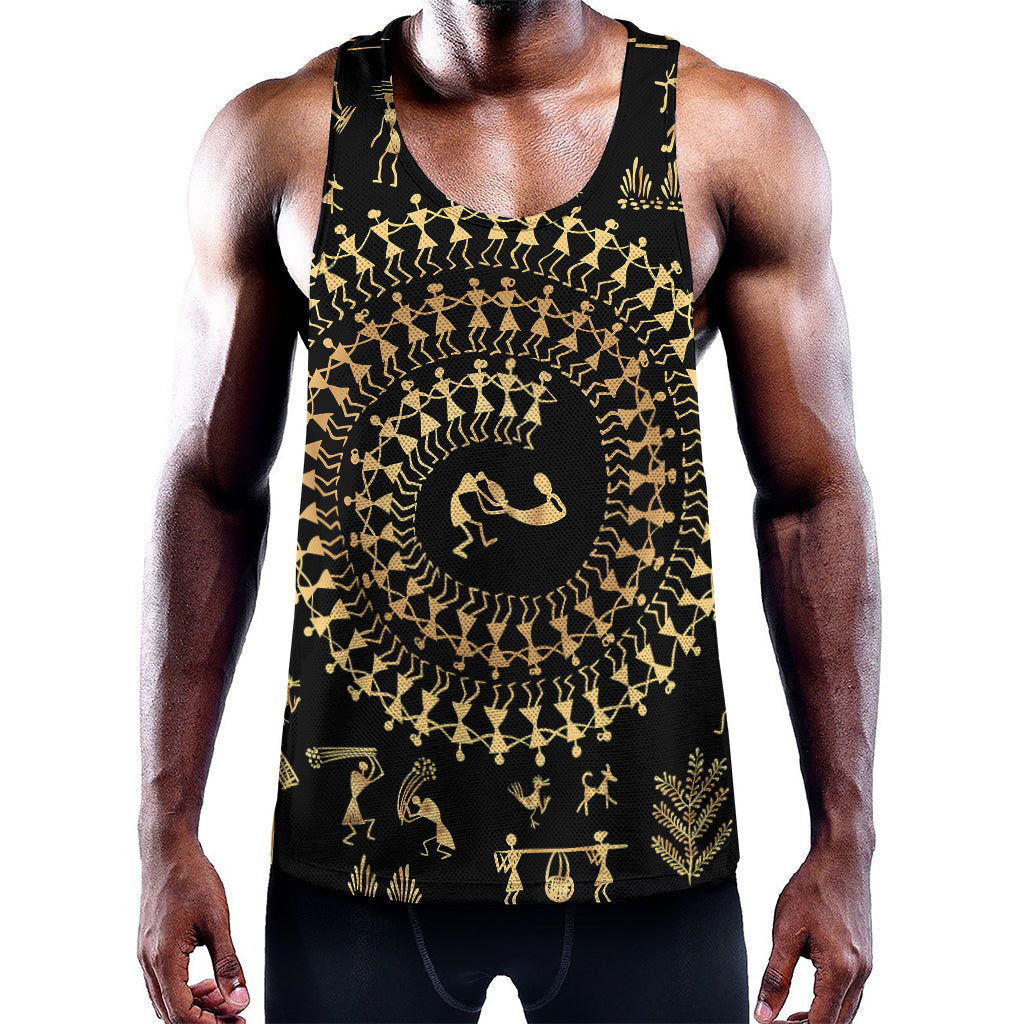 Black And Gold Warli Tribal Print Training Tank Top