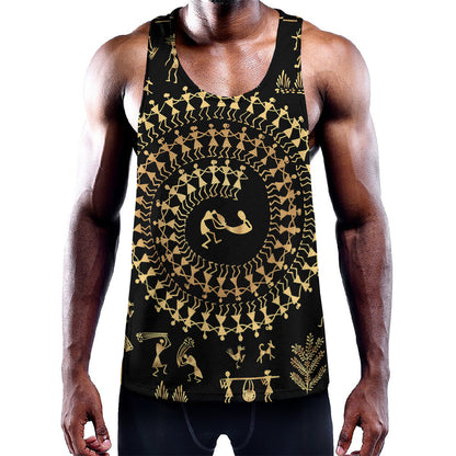 Black And Gold Warli Tribal Print Training Tank Top