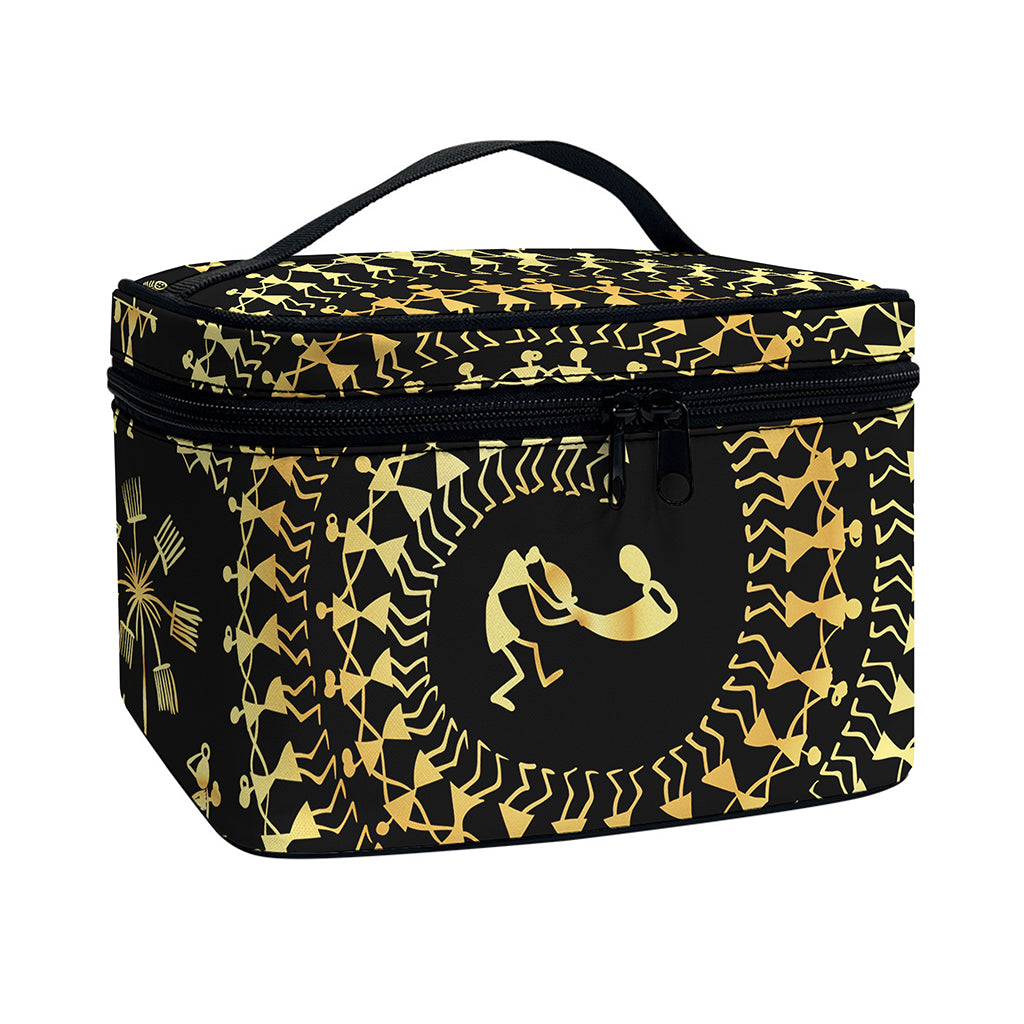 Black And Gold Warli Tribal Print Travel Makeup Bag