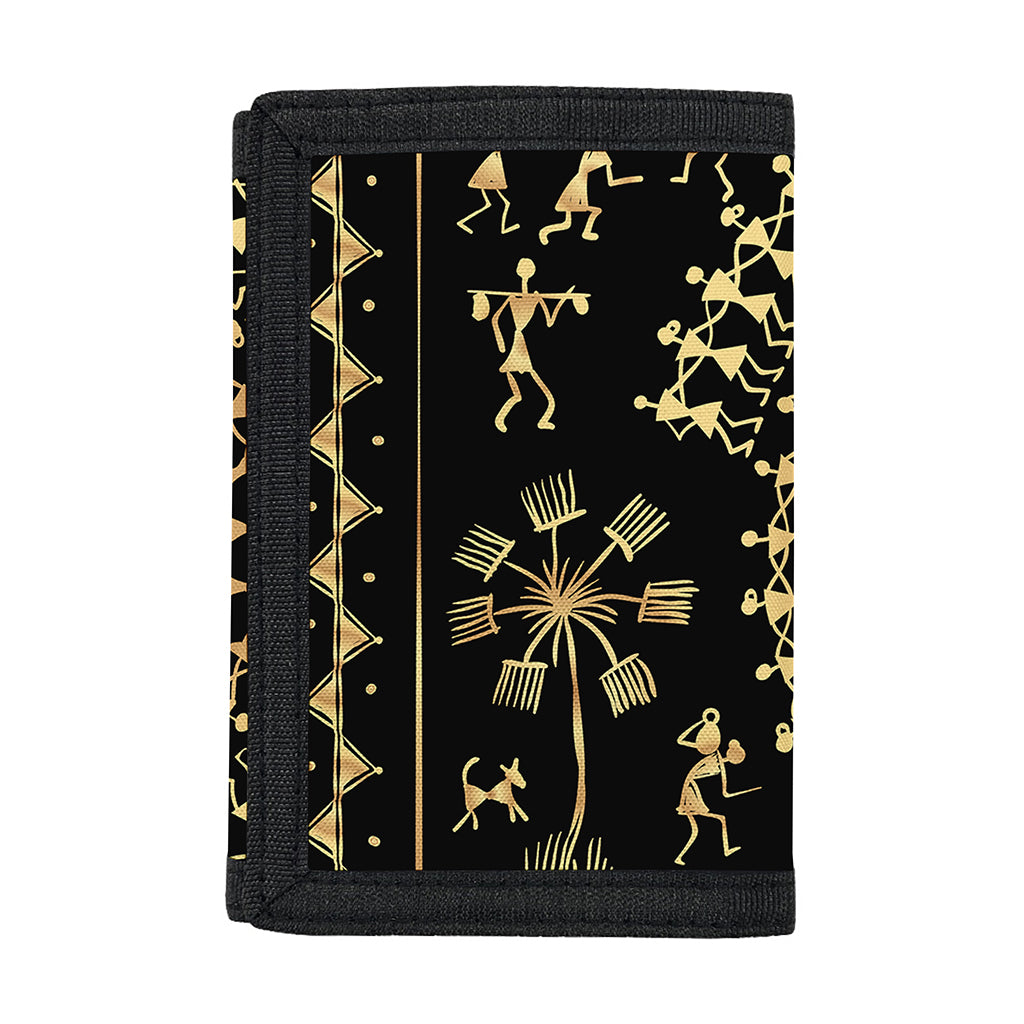 Black And Gold Warli Tribal Print Trifold Wallet