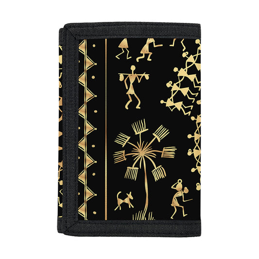 Black And Gold Warli Tribal Print Trifold Wallet