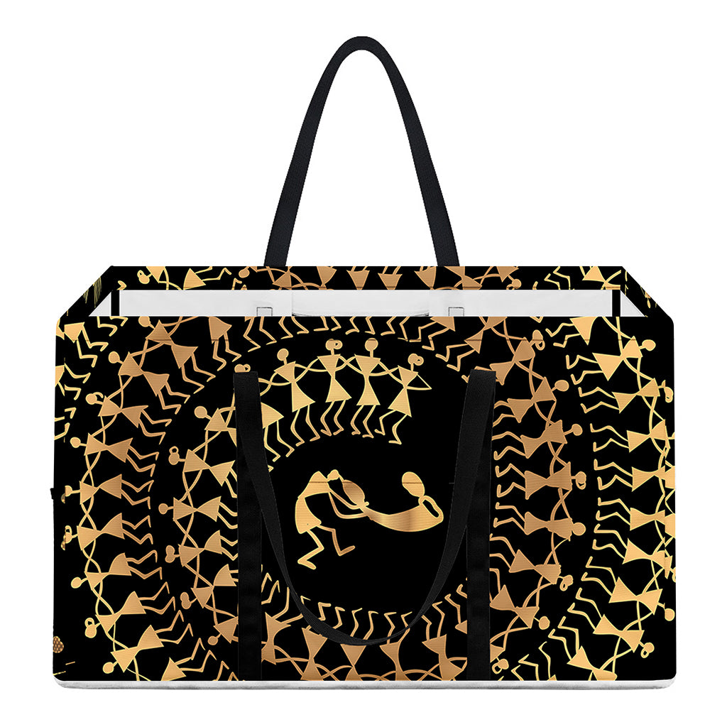 Black And Gold Warli Tribal Print Utility Tote Bag