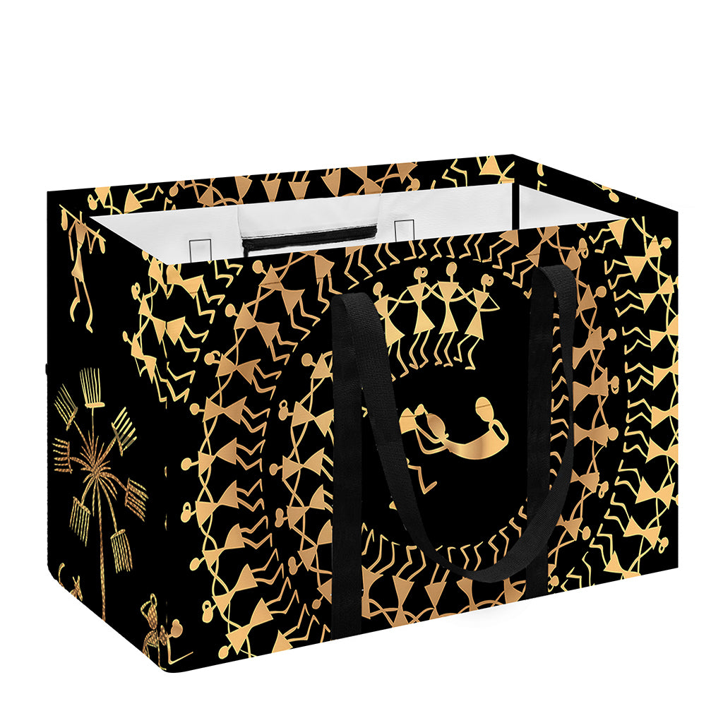 Black And Gold Warli Tribal Print Utility Tote Bag