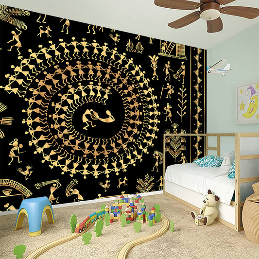 Black And Gold Warli Tribal Print Wall Sticker