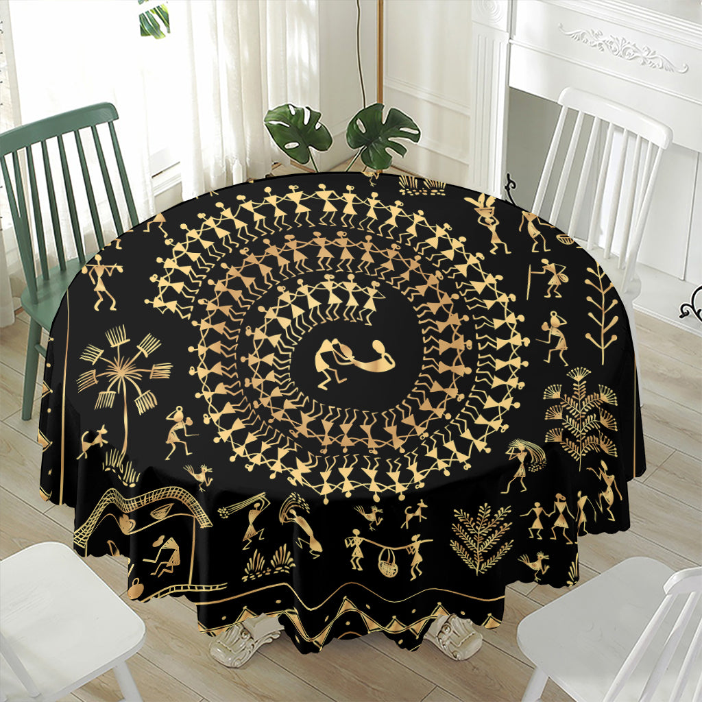 Black And Gold Warli Tribal Print Waterproof Round Tablecloth