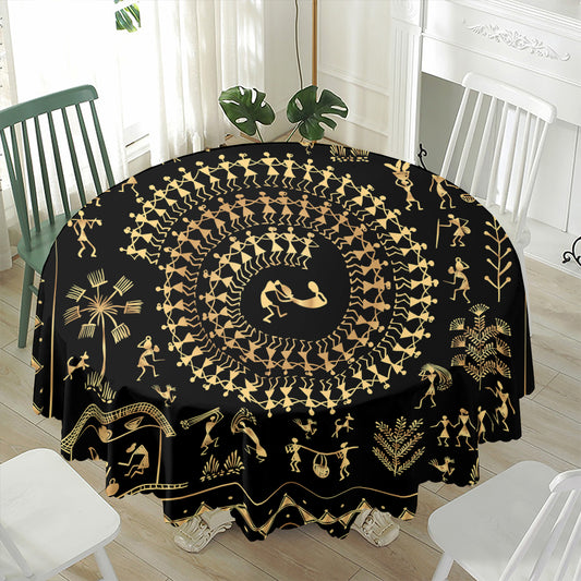 Black And Gold Warli Tribal Print Waterproof Round Tablecloth