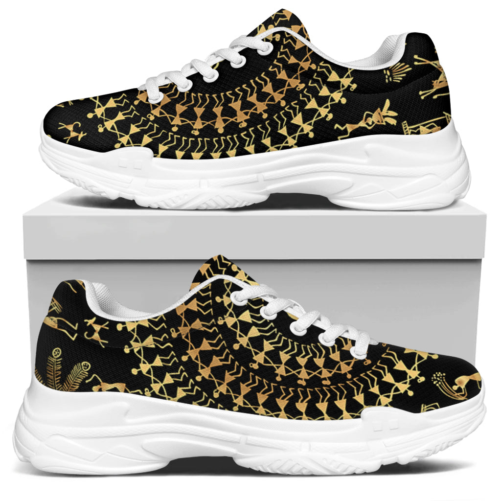 Black And Gold Warli Tribal Print White Chunky Shoes