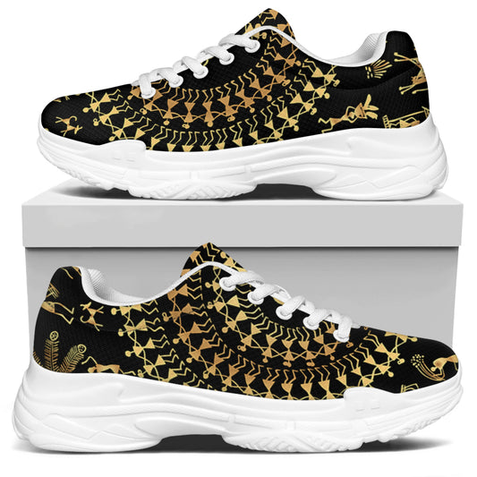 Black And Gold Warli Tribal Print White Chunky Shoes