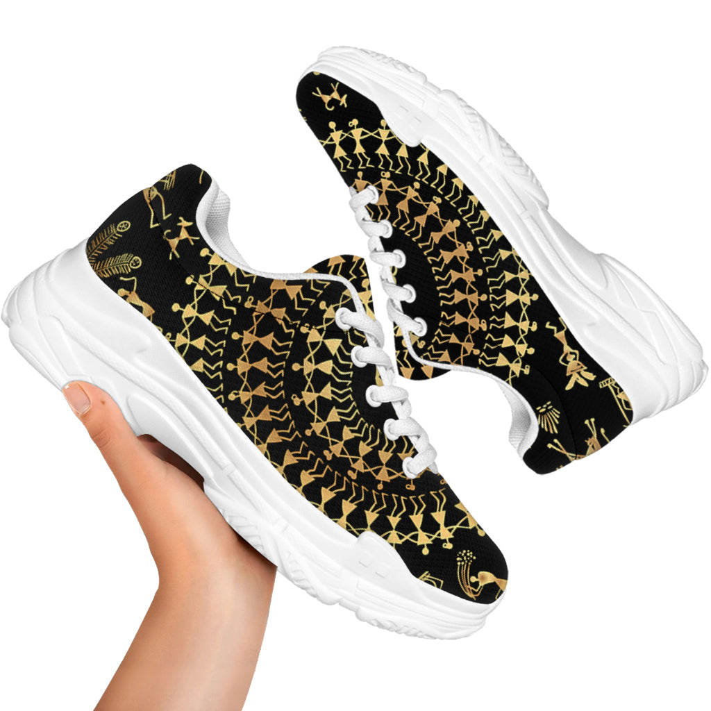 Black And Gold Warli Tribal Print White Chunky Shoes