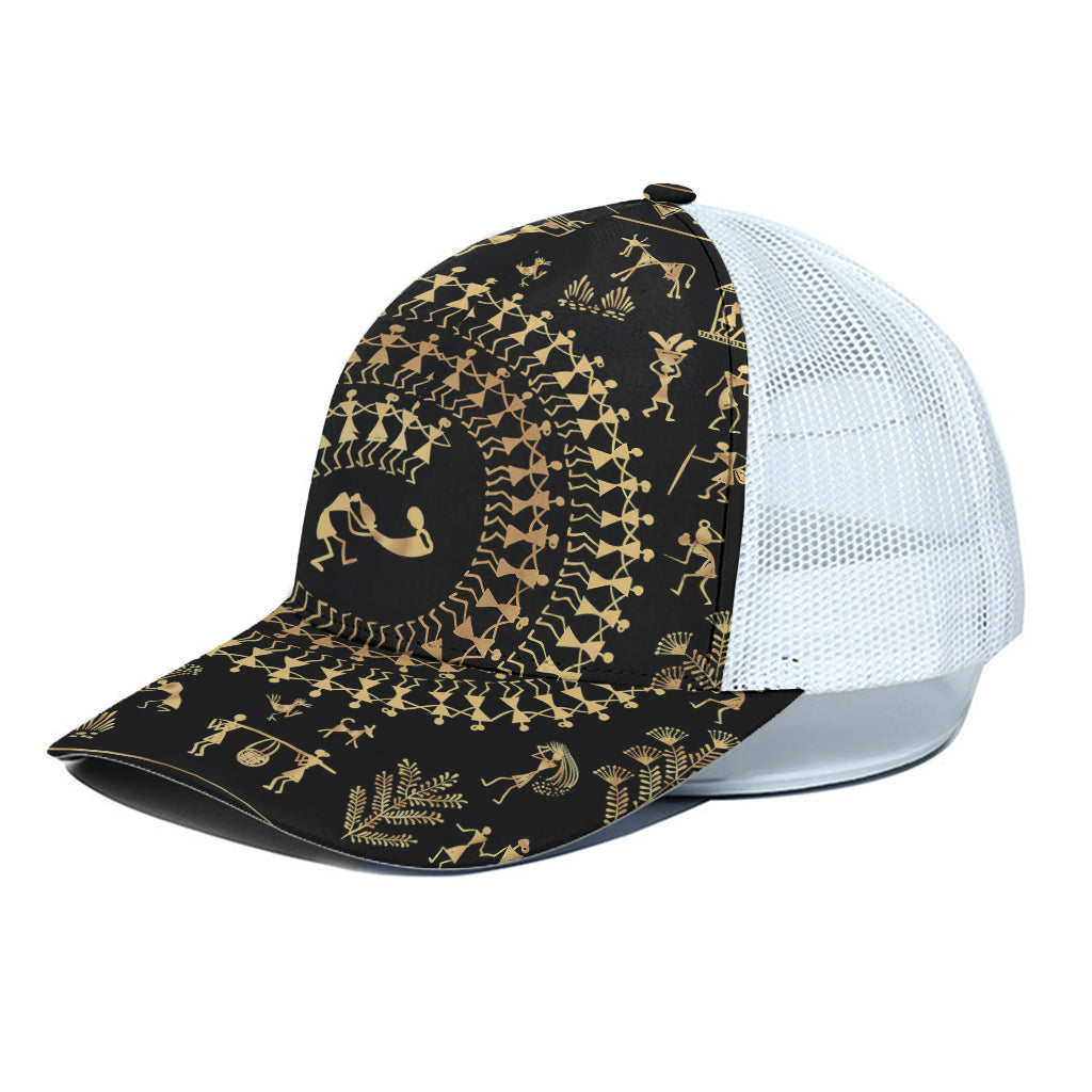 Black And Gold Warli Tribal Print White Mesh Trucker Cap